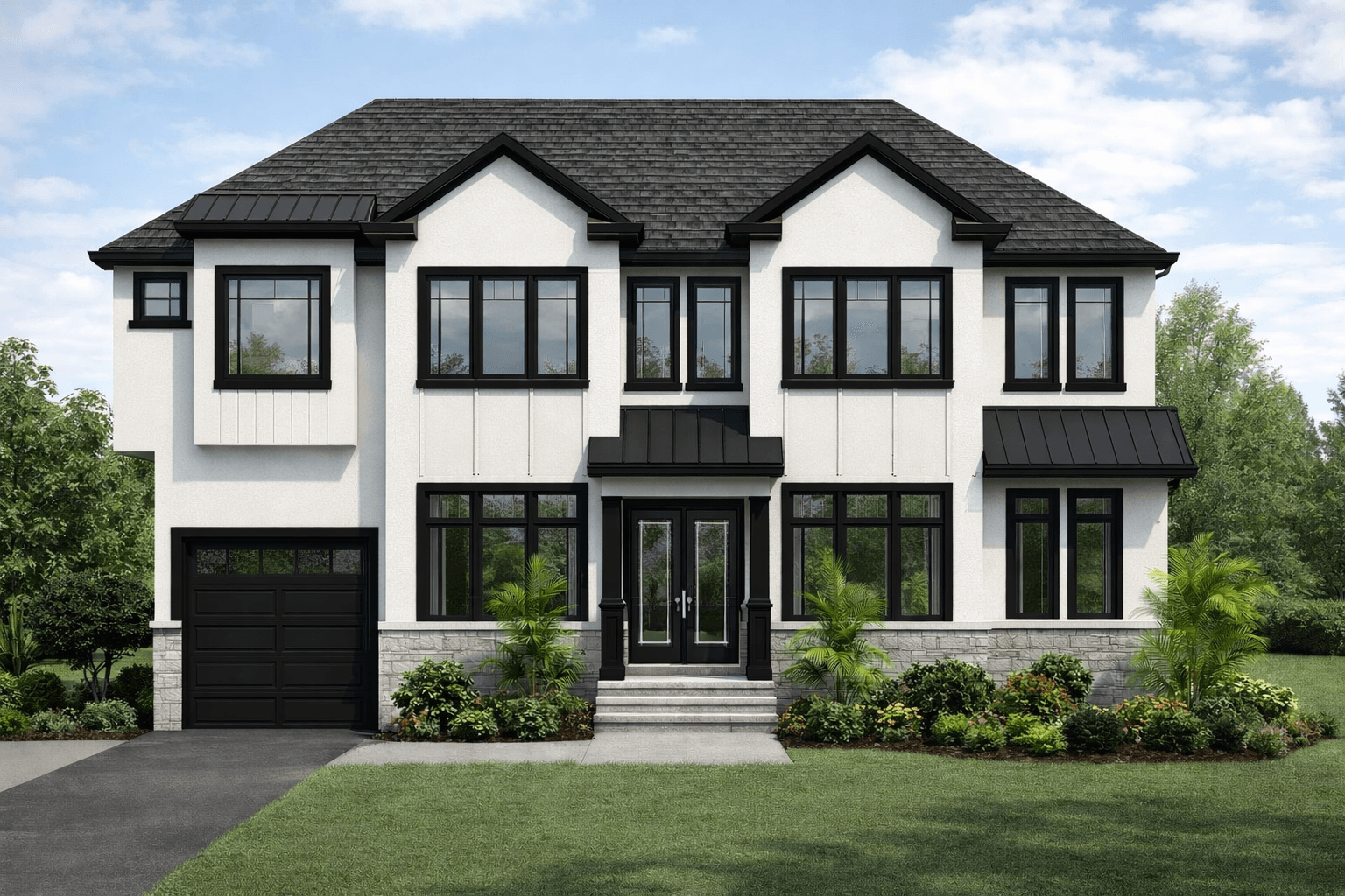 Architectural rendering of 887 Linden Avenue — a modern two-story home with white stucco, black trim, and a stone base