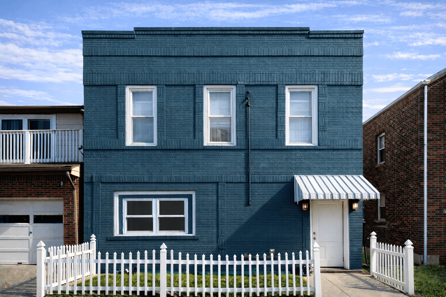 Front exterior of the Fairview home with a teal facade and white picket fence